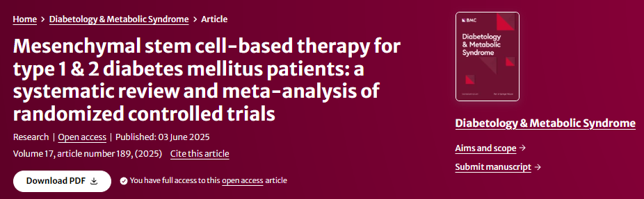 間充質干細胞治療1型和2型糖尿病：隨機對照試驗的系統評價和薈萃分析