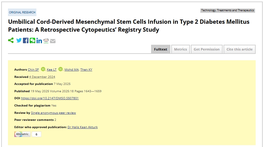 301名2型糖尿病患者干細胞治療新數據：顯著改善代謝、肝腎及炎癥