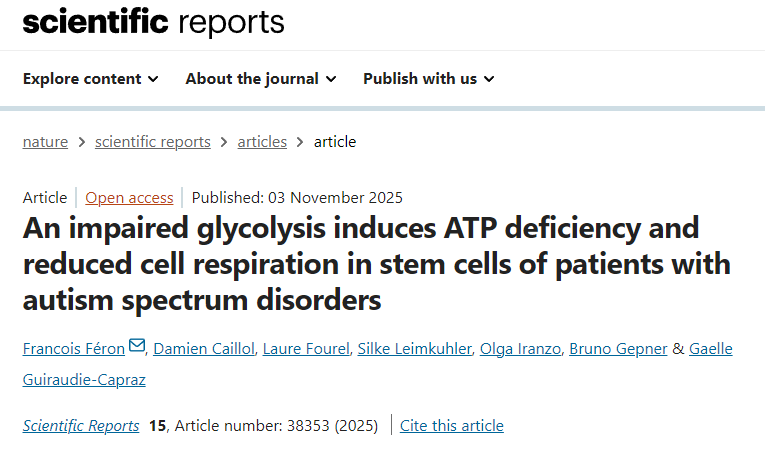 自閉癥譜系障礙患者的干細胞中，糖酵解受損會導(dǎo)致ATP缺乏和細胞呼吸作用降低