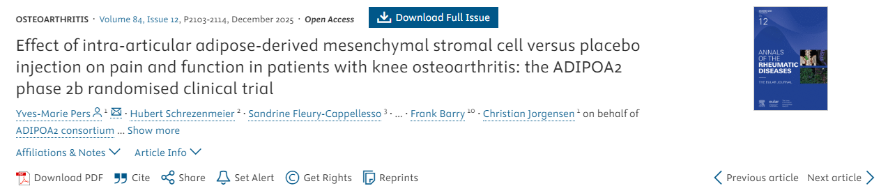 關節內注射脂肪來源間充質干細胞與安慰劑對膝骨關節炎患者疼痛和功能的影響:ADIPOA2 2b期隨機臨床試驗 關節內注射脂肪來源間充質干細胞與安慰劑對膝骨關節炎患者疼痛和功能的影響:ADIPOA2 2b期隨機臨床試驗