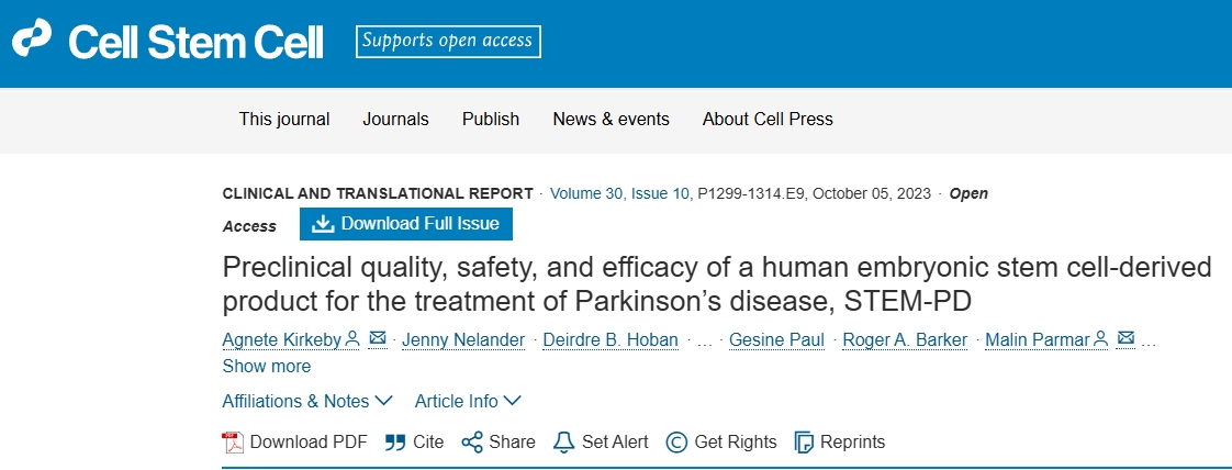 用于治療帕金森病的人類胚胎干細(xì)胞衍生產(chǎn)品STEM-PD的臨床前質(zhì)量、安全性和有效性