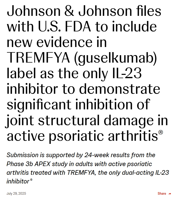 強生向美國FDA提交文件，將新證據納入TREMFYA (guelkumab)標簽，作為唯一的兒-23抑制劑，以證明對活動性銀屑病關節炎關節結構損傷有顯著抑制作用。