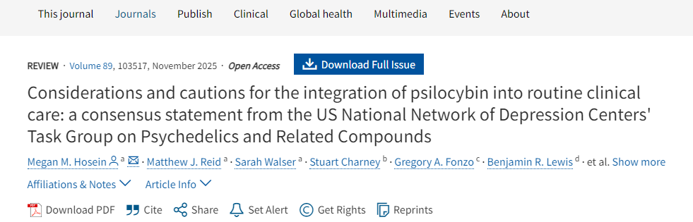 將裸蓋菇素納入常規臨床護理的考量與注意事項：美國國家抑郁癥中心網絡迷幻藥及相關化合物工作組的共識聲明