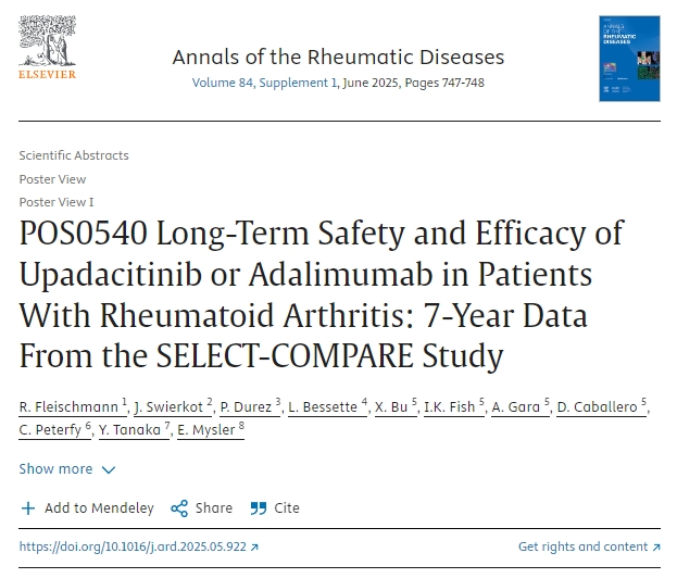 POS0540 Upadacitinib 或阿達木單抗對類風濕性關節炎患者的長期安全性和有效性：來自SELECT-COMPARE研究的7年數據