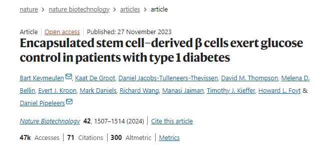 封裝的干細(xì)胞衍生的β細(xì)胞對(duì)1型糖尿病患者發(fā)揮血糖控制作用