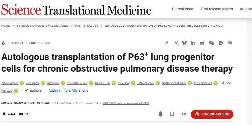 左為教授團隊與鐘南山院士等合作肺前體細胞治療慢阻肺臨床研究成果登上《科學-轉化醫學》