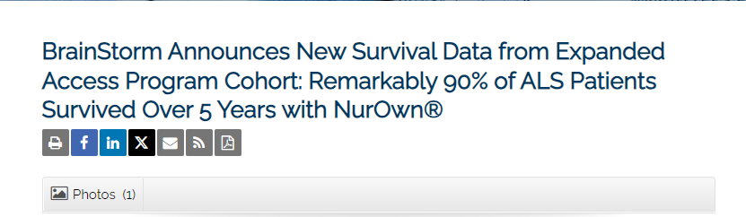 BrainStorm 公布擴展訪問計劃隊列的最新生存數據：90% 的 ALS 患者使用 NurOwn? 后存活超過 5 年