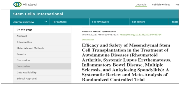 間充質干細胞移植治療自身免疫性疾?。愶L濕關節炎、系統性紅斑狼瘡、炎癥性腸病、多發性硬化癥和強直性脊柱炎）的療效和安全性：隨機對照試驗的系統綜述和薈萃分析