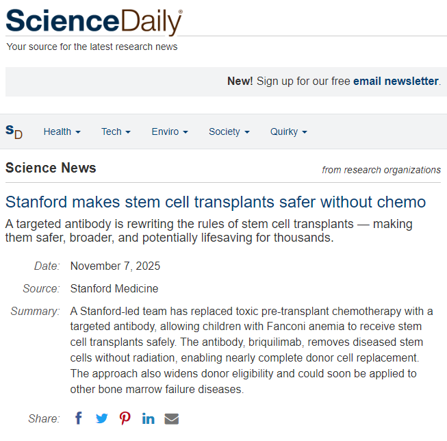 斯坦福大學(xué)使干細胞移植無需化療更加安全