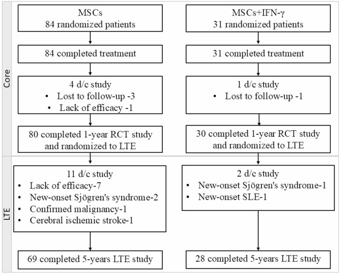 圖1：患者處置。IFN-γ，干擾素γ；LTE，長期擴展；MSCs，間充質干細胞；RCT，隨機對照臨床試驗；SLE，系統性紅斑狼瘡