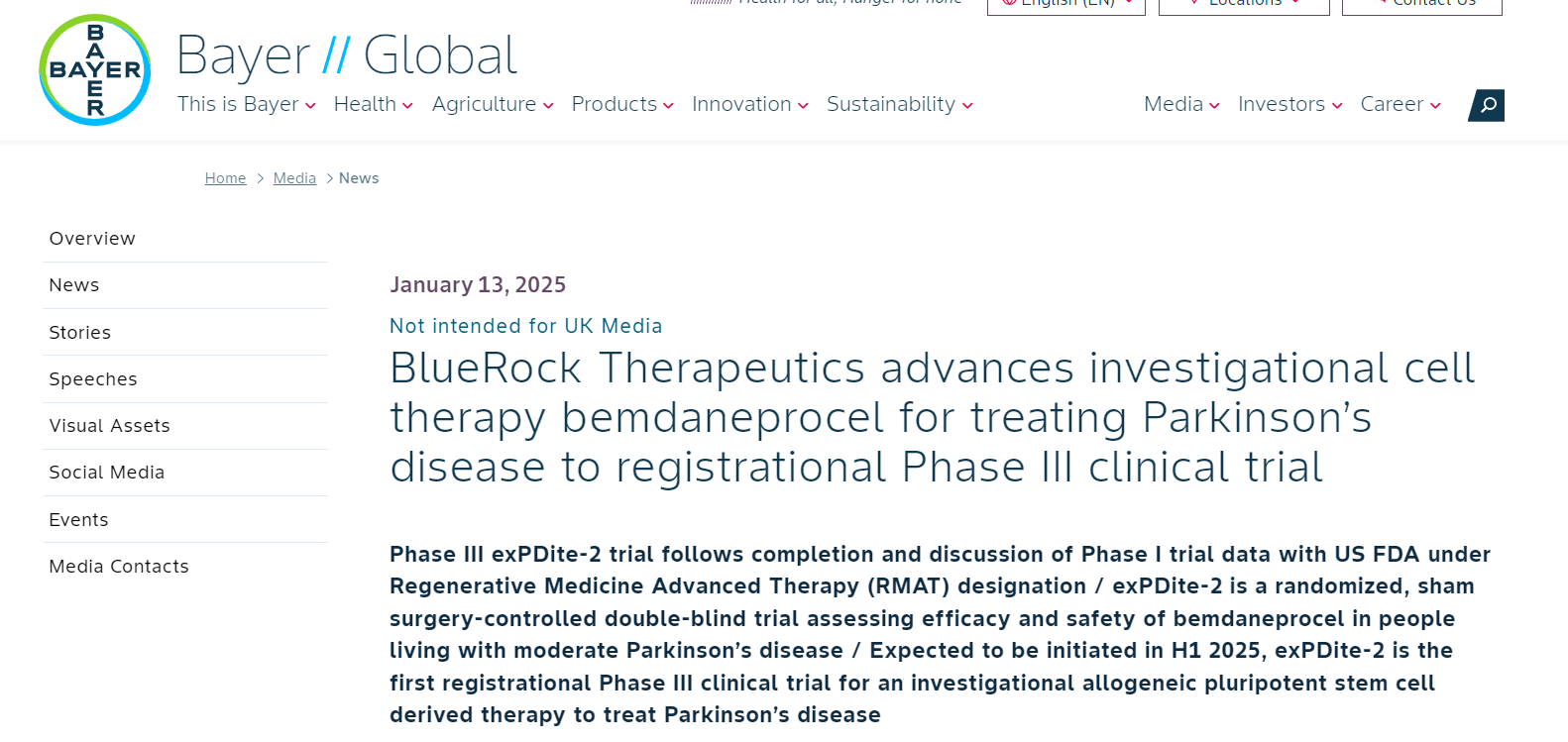 BlueRockTherapeutics推進其在研細胞療法bemdaneprocel用于治療帕金森病進入注冊川期臨床試驗階段 BlueRockTherapeutics推進其在研細胞療法bemdaneprocel用于治療帕金森病進入注冊川期臨床試驗階段