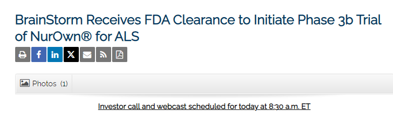 BrainStorm公司獲得FDA批準，啟動NurOwn?治療ALS的3b期臨床試驗