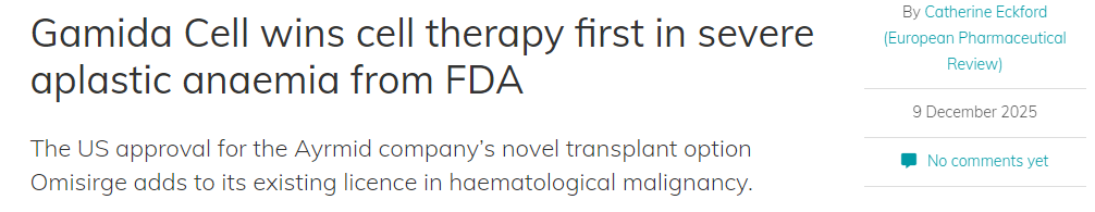 Gamida Cell獲得FDA批準(zhǔn),其細(xì)胞療法首次獲批用于治療重型再生障礙性貧血。 Gamida Cell獲得FDA批準(zhǔn),其細(xì)胞療法首次獲批用于治療重型再生障礙性貧血。