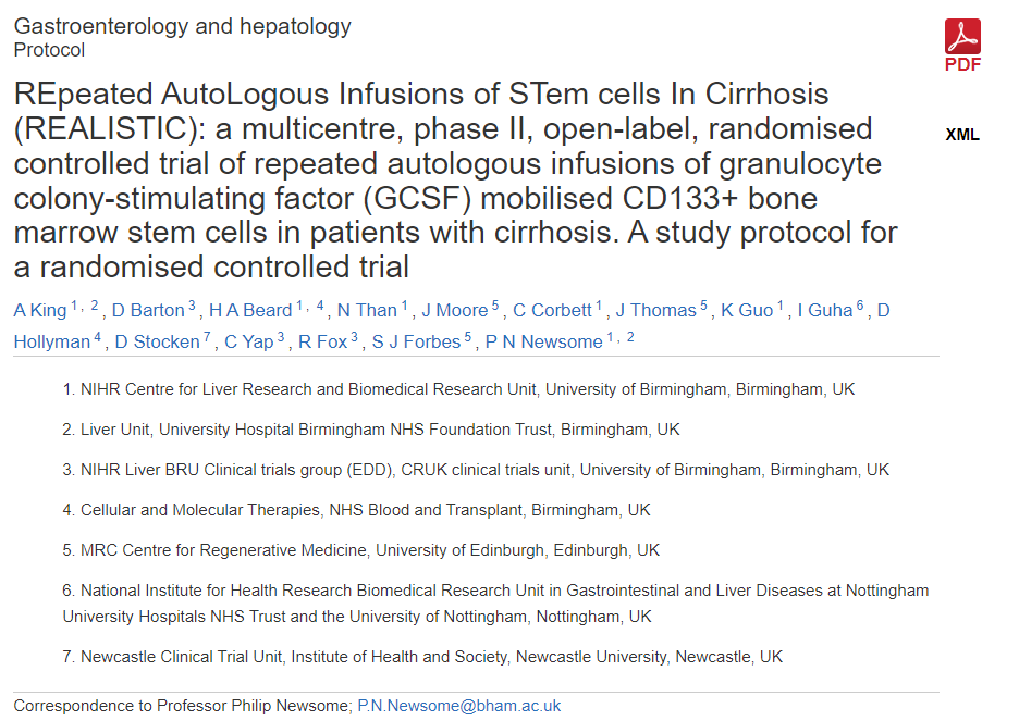 REALISTIC(重復(fù)自體干細(xì)胞輸注治療肝硬化):一項(xiàng)多中心、II期、開放標(biāo)簽、隨機(jī)對照試驗(yàn) REALISTIC(重復(fù)自體干細(xì)胞輸注治療肝硬化):一項(xiàng)多中心、II期、開放標(biāo)簽、隨機(jī)對照試驗(yàn)