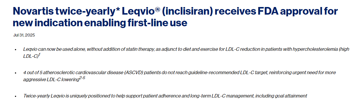 諾華公司每半年*推出的 Leqvio?(inclisiran)獲得 FDA 批準(zhǔn),用于新的適應(yīng)癥,使其成為一線治療藥物。 諾華公司每半年*推出的 Leqvio?(inclisiran)獲得 FDA 批準(zhǔn),用于新的適應(yīng)癥,使其成為一線治療藥物。