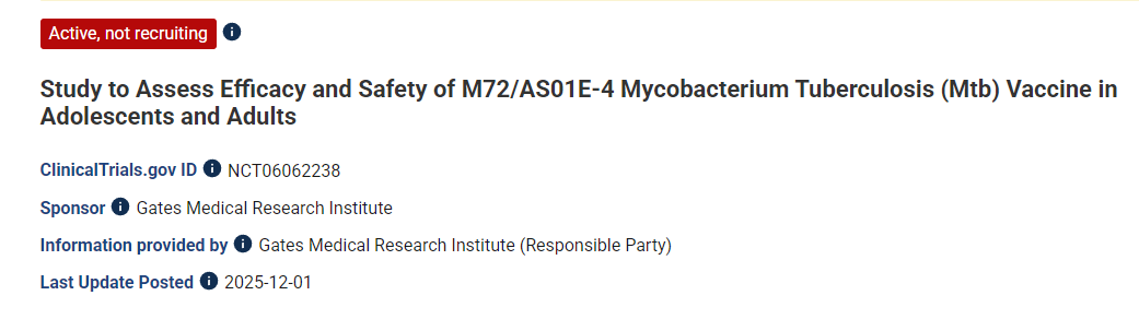 評估M72/AS01E-4結(jié)核分枝桿菌(Mtb)疫苗在青少年和成人中的有效性和安全性的研究 評估M72/AS01E-4結(jié)核分枝桿菌(Mtb)疫苗在青少年和成人中的有效性和安全性的研究