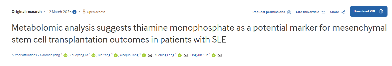 代謝組學(xué)分析表明，硫胺素單磷酸酯可能是系統(tǒng)性紅斑狼瘡（SLE）患者間充質(zhì)干細(xì)胞移植療效的潛在標(biāo)志物。