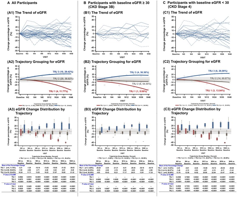 圖1：所有參與者以及基線eGFR≥30和<30的參與者的eGFR變化百分比。圖A顯示所有參與者的數(shù)據(jù)，圖B顯示基線eGFR≥30的參與者的數(shù)據(jù)，圖C顯示基線eGFR<30的參與者的數(shù)據(jù)